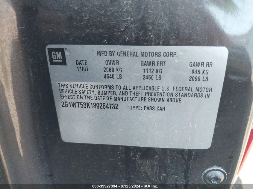2008 Chevrolet Impala Lt VIN: 2G1WT58K189264732 Lot: 39927394