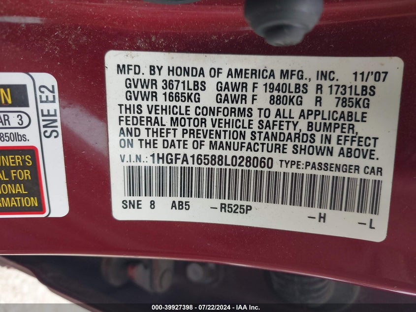 2008 Honda Civic Lx VIN: 1HGFA16588L028060 Lot: 39927398