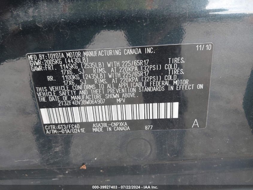 2011 Toyota Rav4 VIN: 2T3ZF4DV3BW064907 Lot: 39927403