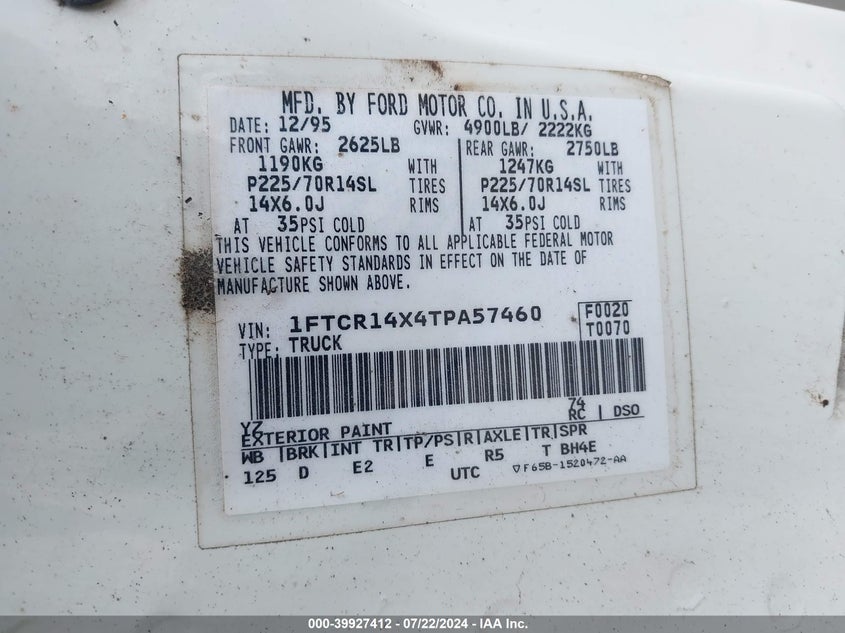 1996 Ford Ranger Super Cab VIN: 1FTCR14X4TPA57460 Lot: 39927412