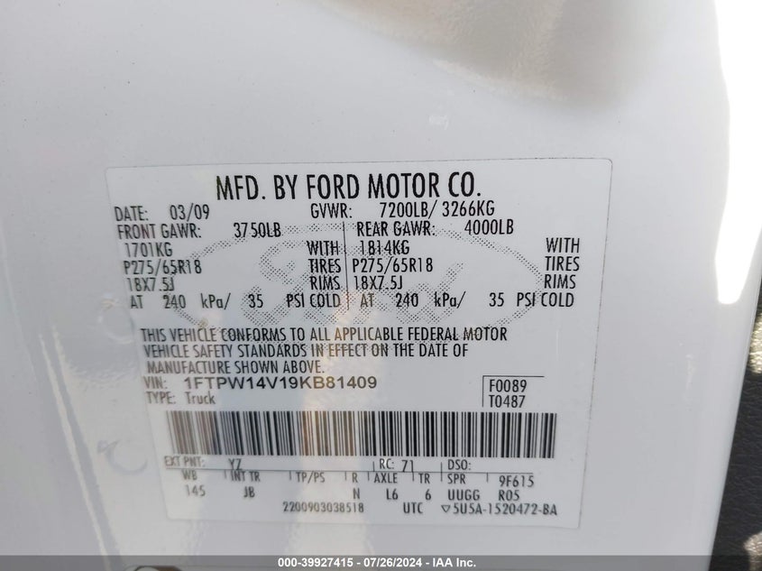 2009 Ford F-150 Fx4/King Ranch/Lariat/Platinum/Xl/Xlt VIN: 1FTPW14V19KB81409 Lot: 39927415