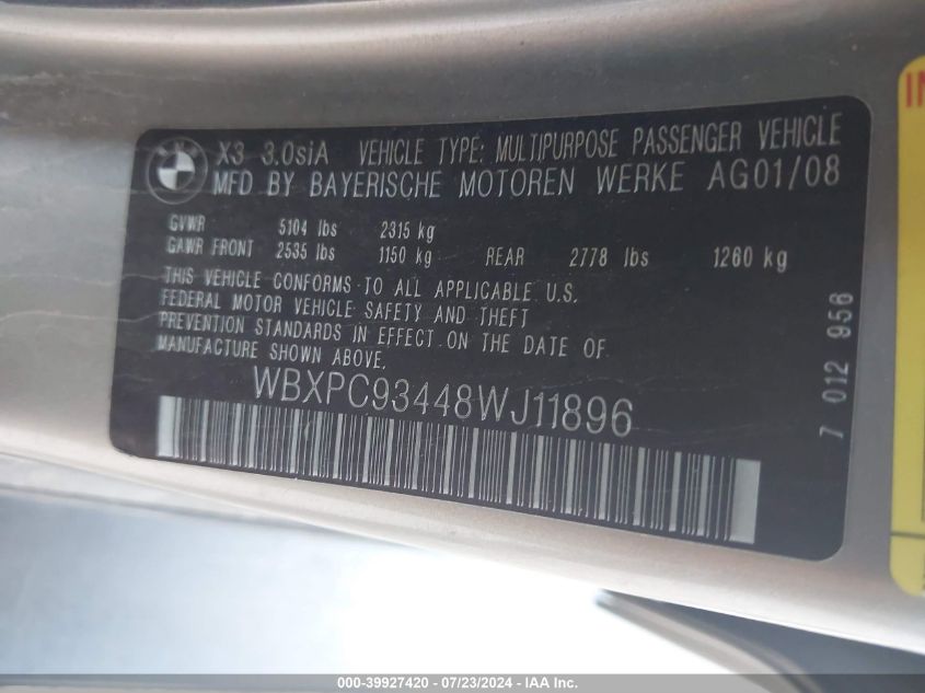 2008 BMW X3 3.0Si VIN: WBXPC93448WJ11896 Lot: 39927420
