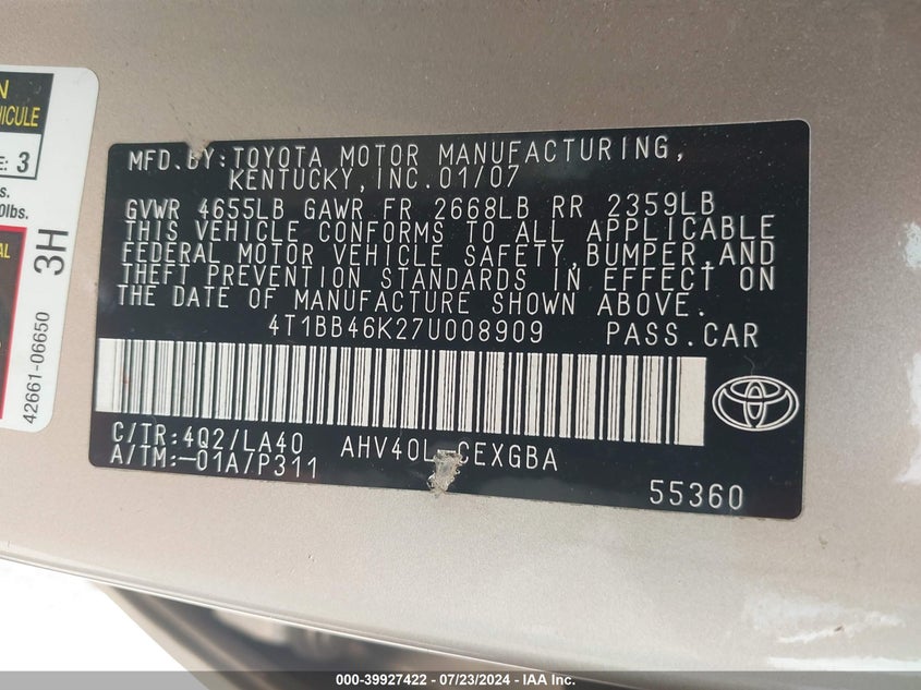 2007 Toyota Camry Hybrid VIN: 4T1BB46K27U008909 Lot: 39927422