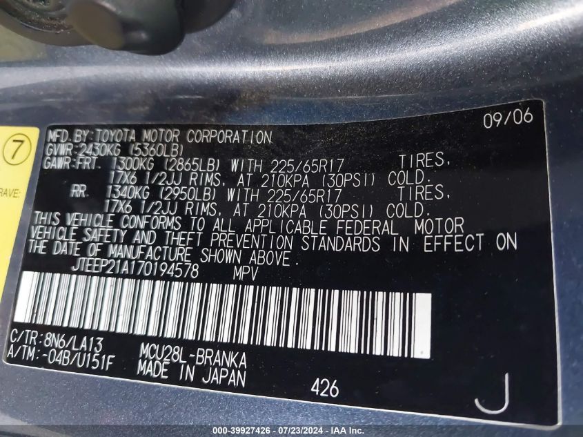 2007 Toyota Highlander Limited V6 VIN: JTEEP21A170194578 Lot: 39927426