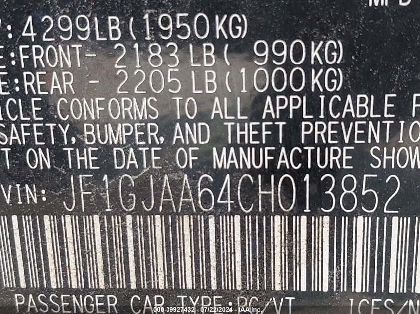 2012 Subaru Impreza 2.0I VIN: JF1GJAA64CH013852 Lot: 39927432