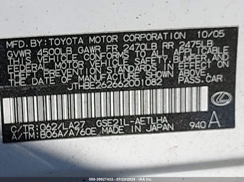 2006 Lexus Is 350 VIN: JTHBE262662001082 Lot: 39927433