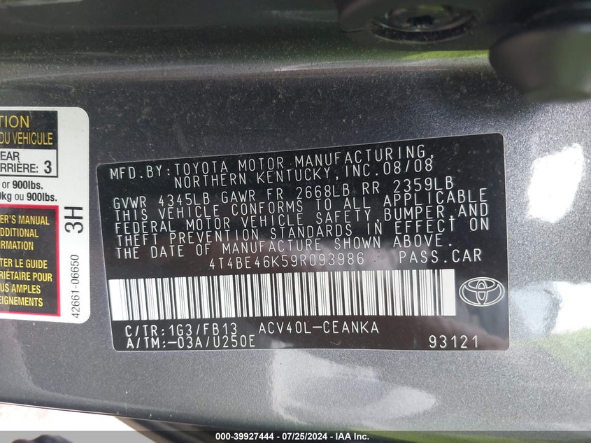 2009 Toyota Camry Le VIN: 4T4BE46K59R093986 Lot: 39927444