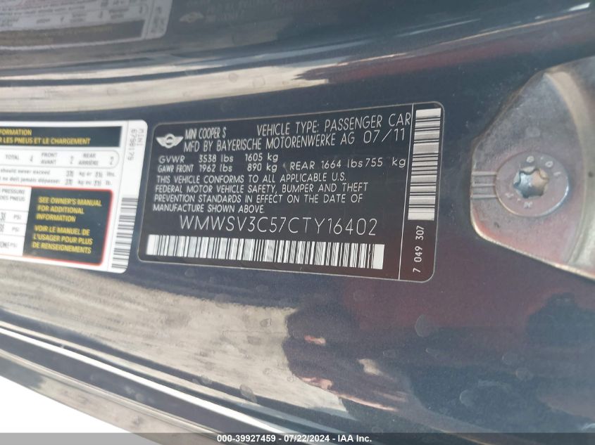 2012 Mini Cooper S VIN: WMWSV3C57CTY16402 Lot: 39927459