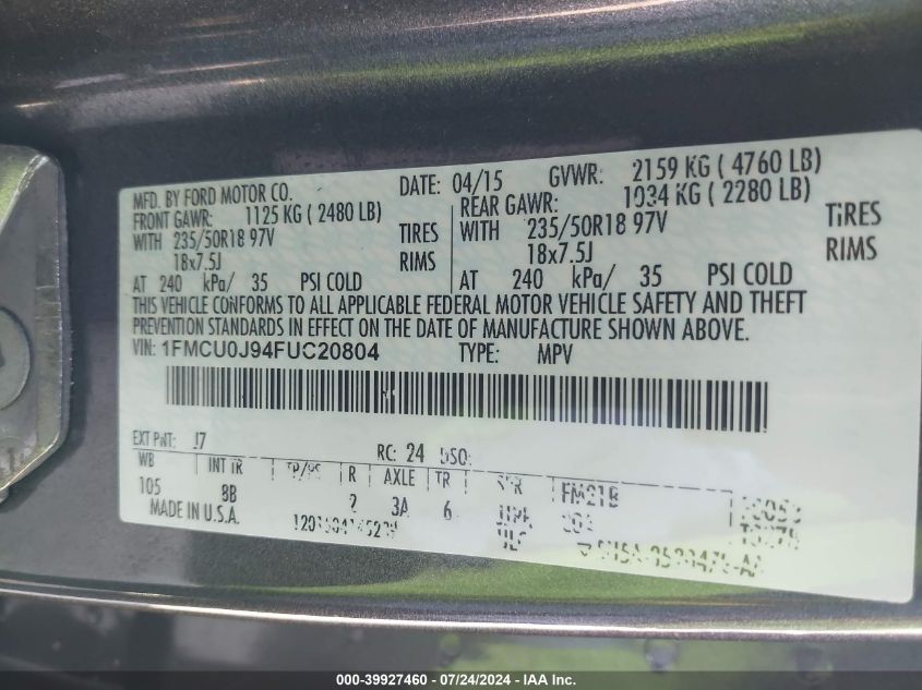 2015 Ford Escape Titanium VIN: 1FMCU0J94FUC20804 Lot: 39927460