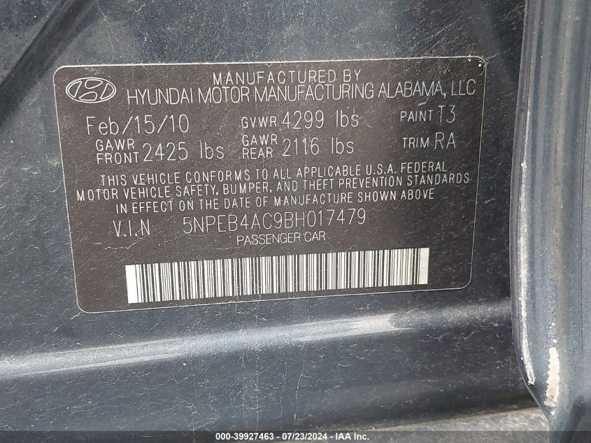2011 Hyundai Sonata Gls VIN: 5NPEB4AC9BH017479 Lot: 39927463