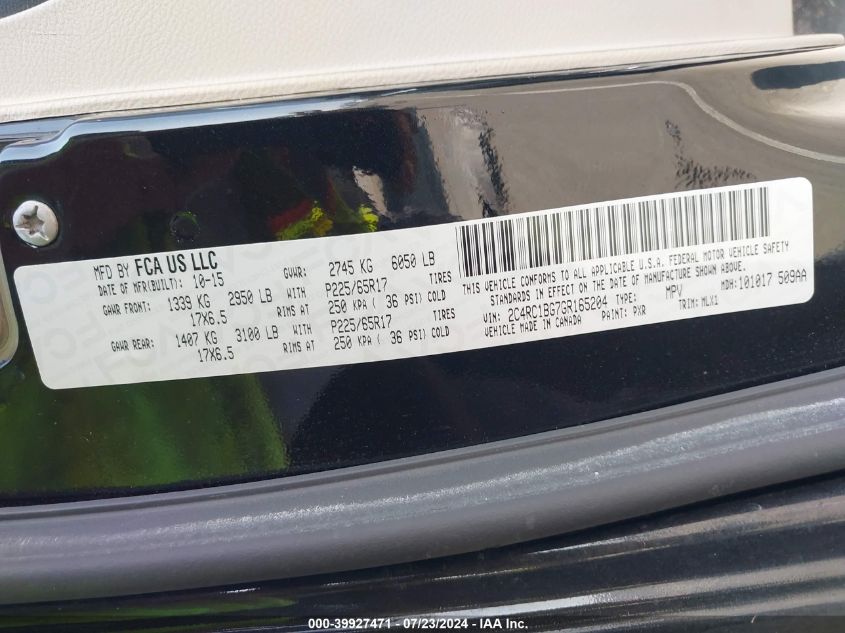 2016 Chrysler Town & Country Touring VIN: 2C4RC1BG7GR165204 Lot: 39927471