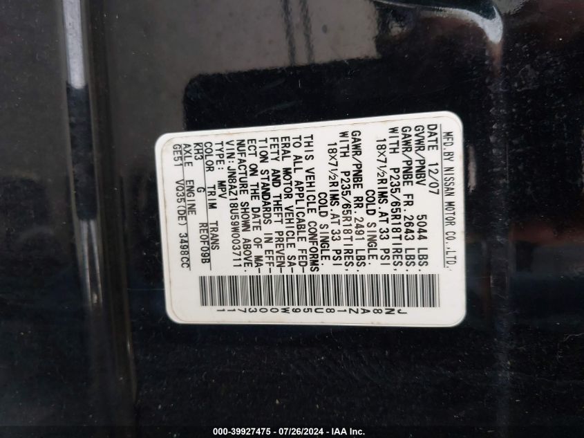 2009 Nissan Murano Sl VIN: JN8AZ18U59W003711 Lot: 39927475