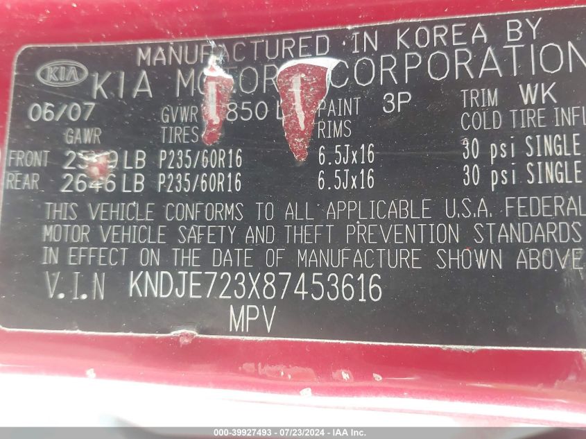 2008 Kia Sportage Ex V6 VIN: KNDJE723X87453616 Lot: 39927493