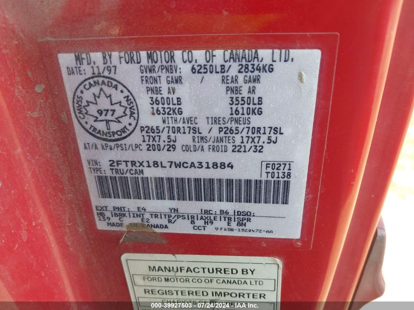 1998 Ford F150 VIN: 2FTRX18L7WCA31884 Lot: 39927503