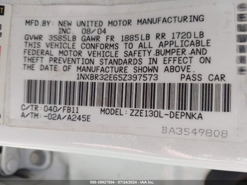 2005 Toyota Corolla Le VIN: 1NXBR32E65Z397573 Lot: 39927504