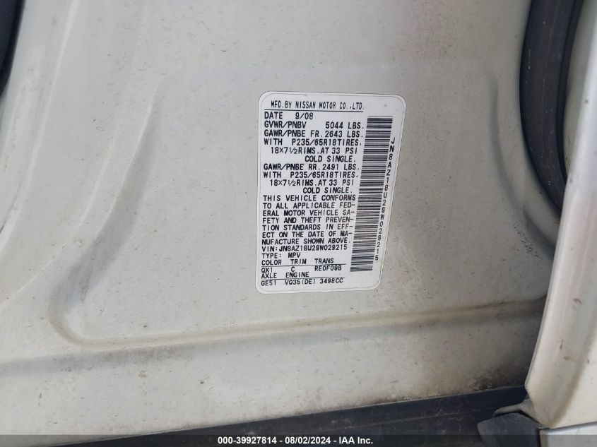 2009 Nissan Murano Sl VIN: JN8AZ18U29W029215 Lot: 39927814