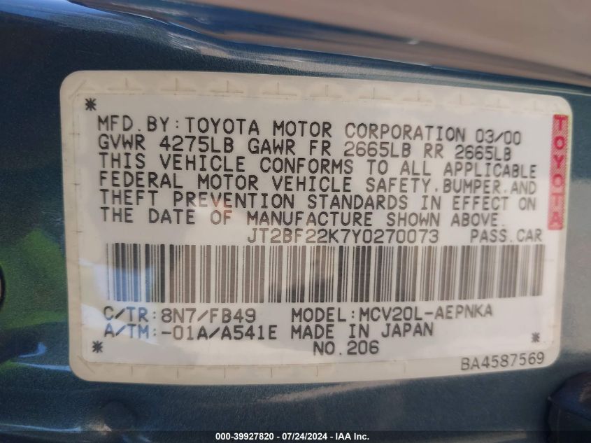 2000 Toyota Camry Le V6 VIN: JT2BF22K7Y0270073 Lot: 39927820