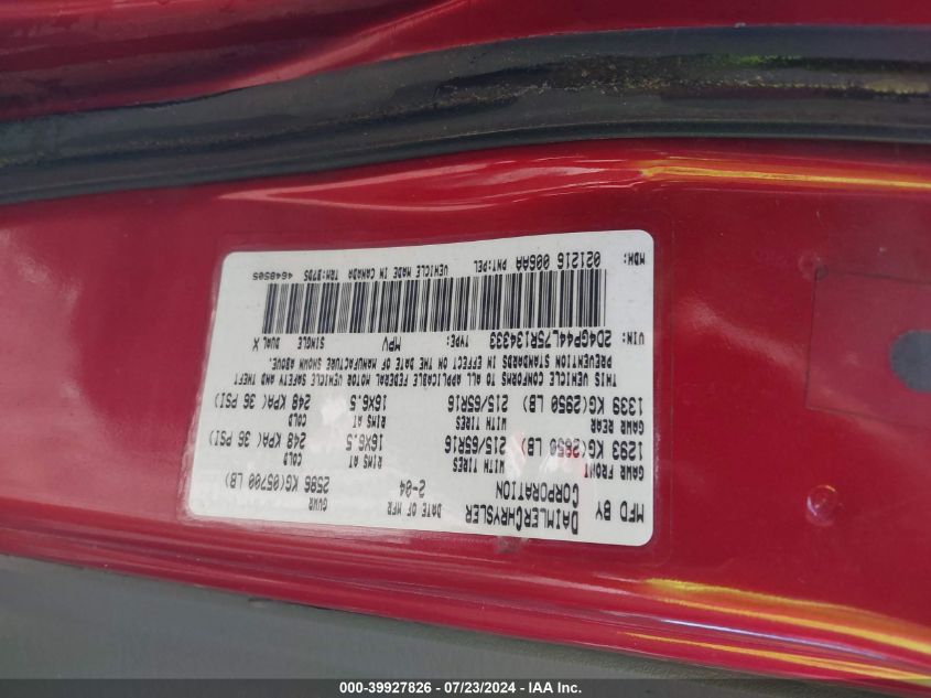 2005 Dodge Grand Caravan Sxt VIN: 2D4GP44L75R134333 Lot: 39927826