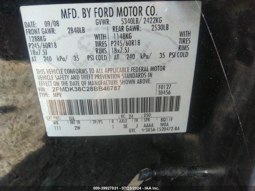 2008 Ford Edge Sel VIN: 2FMDK38C28BB46787 Lot: 39927831