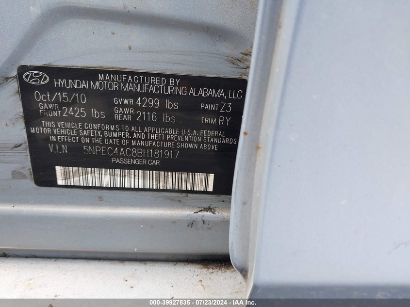 2011 Hyundai Sonata Se VIN: 5NPEC4AC8BH181917 Lot: 39927835