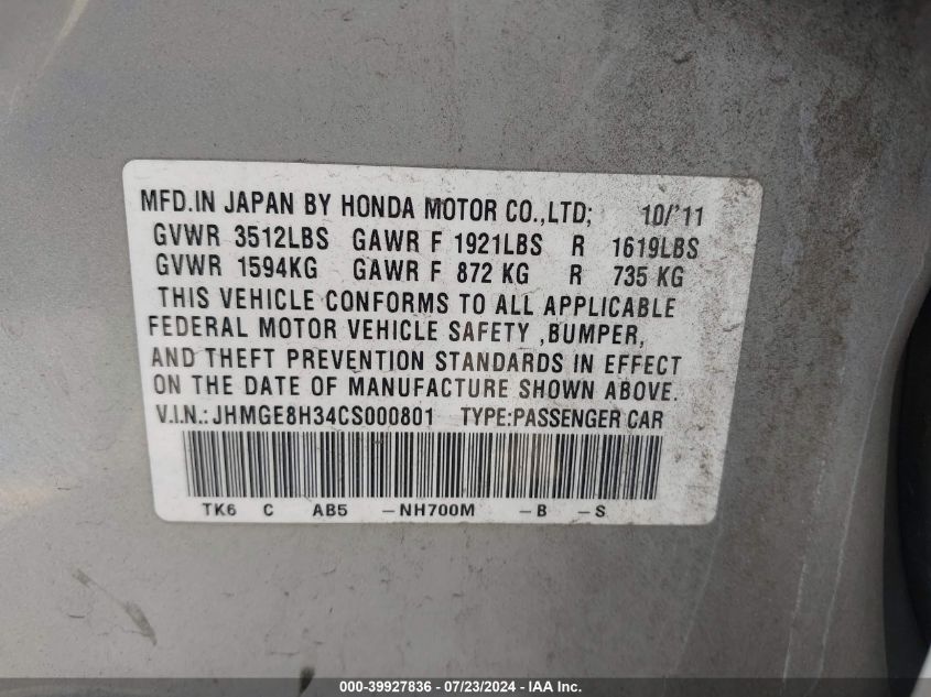 2012 Honda Fit VIN: JHMGE8H34CS000801 Lot: 39927836