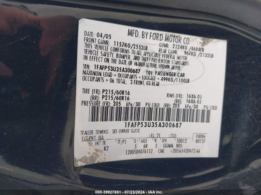 2005 Ford Taurus Se VIN: 1FAFP53U35A300687 Lot: 39927851