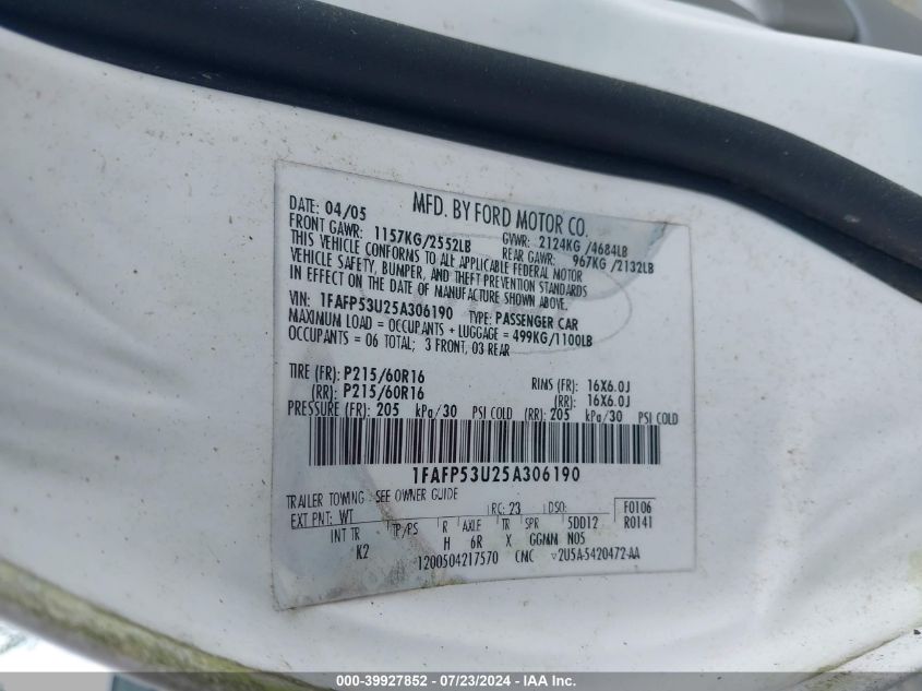 2005 Ford Taurus Se VIN: 1FAFP53U25A306190 Lot: 39927852