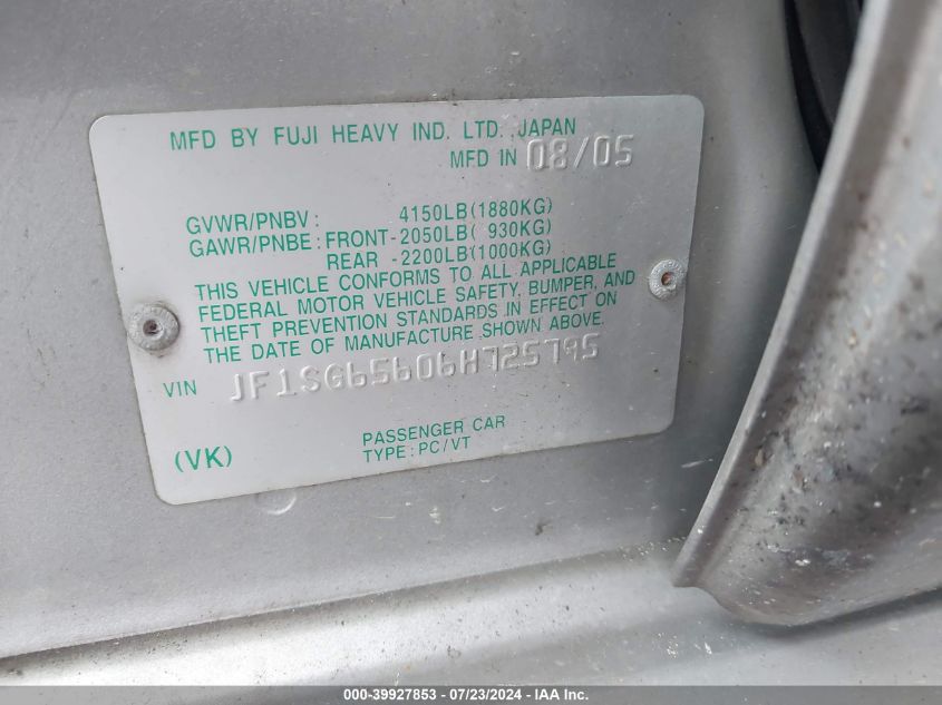 2006 Subaru Forester 2.5X VIN: JF1SG65606H725795 Lot: 39927853