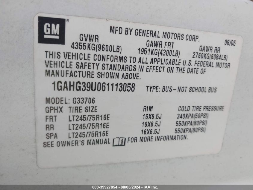 2006 Chevrolet Express G3500 VIN: 1GAHG39U061113058 Lot: 39927854