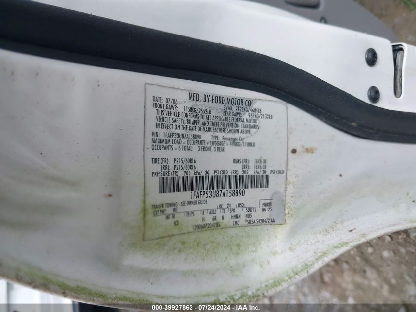 2007 Ford Taurus Se VIN: 1FAFP53U87A158890 Lot: 39927863