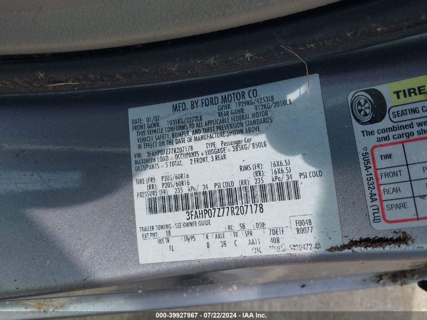 3FAHP07Z77R207178 | 2007 FORD FUSION