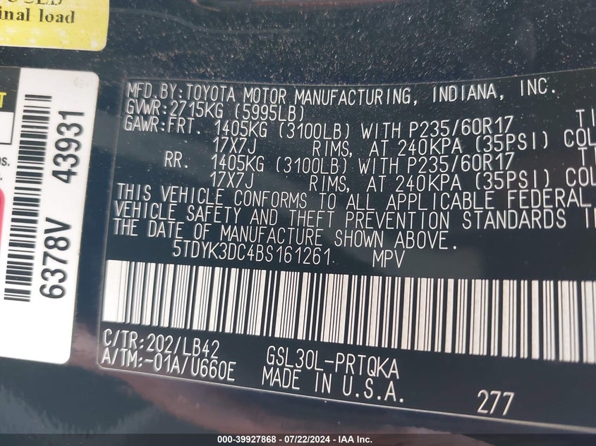 2011 Toyota Sienna Xle V6 VIN: 5TDYK3DC4BS161261 Lot: 39927868