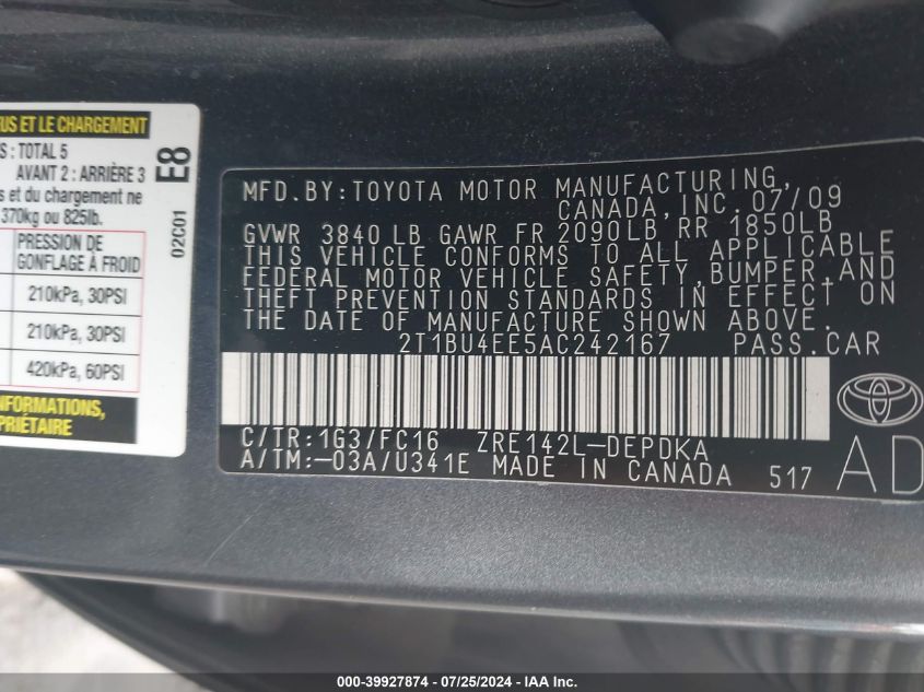 2010 Toyota Corolla Le VIN: 2T1BU4EE5AC242167 Lot: 39927874