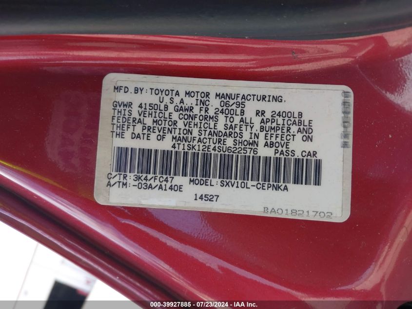 1995 Toyota Camry Le VIN: 4T1SK12E4SU622576 Lot: 39927885