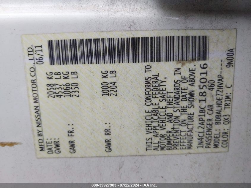 2011 Nissan Altima Hybrid VIN: 1N4CL2AP1BC185016 Lot: 39927903