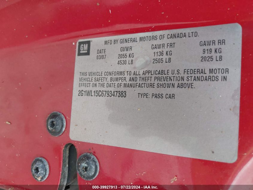 2007 Chevrolet Monte Carlo Ss VIN: 2G1WL15C679347383 Lot: 39927913