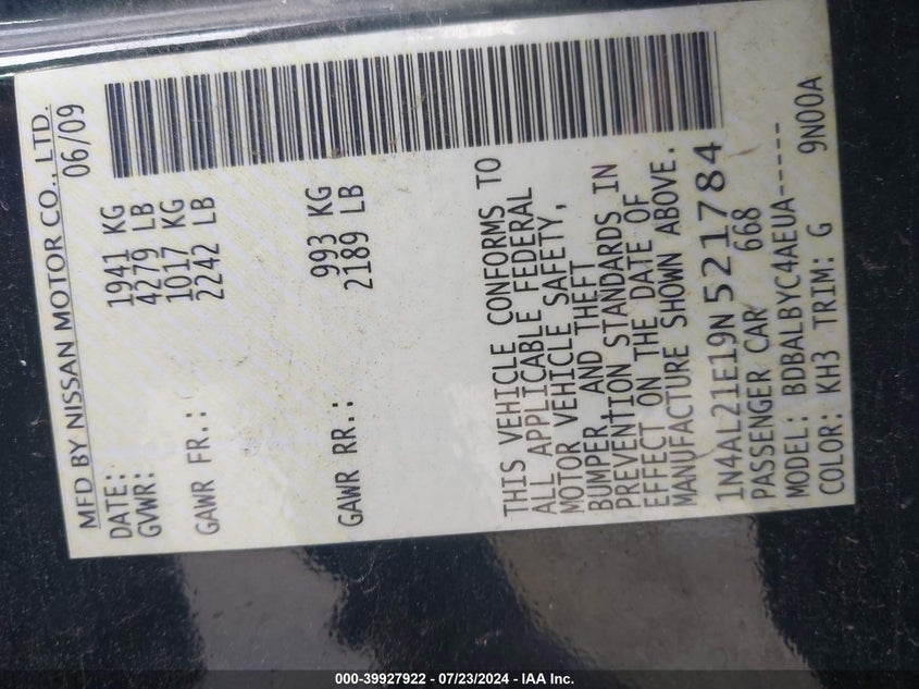 2009 Nissan Altima 2.5 S VIN: 1N4AL21E19N521784 Lot: 39927922