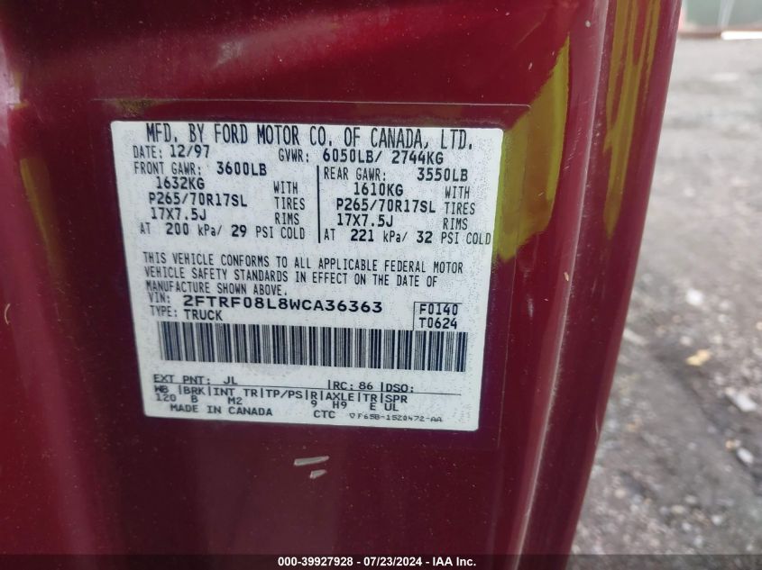 1998 Ford F-150 Lariat/Xl VIN: 2FTRF08L8WCA36363 Lot: 39927928
