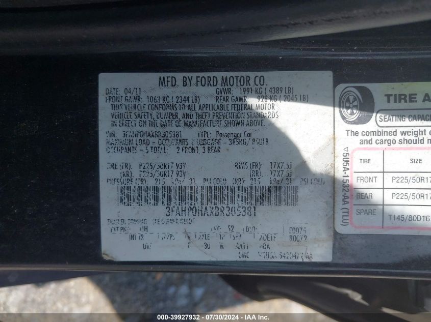 2011 Ford Fusion Se VIN: 3FAHP0HAXBR305381 Lot: 39927932