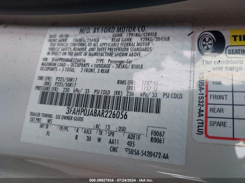 2010 Ford Fusion Sel VIN: 3FAHP0JA8AR226056 Lot: 39927934