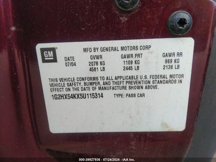 2005 Pontiac Bonneville Se VIN: 1G2HX54KX5U115314 Lot: 39927936