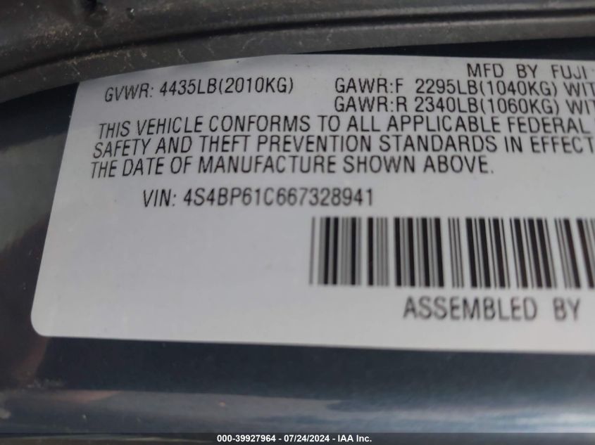 2006 Subaru Outback 2.5I VIN: 4S4BP61C667328941 Lot: 39927964