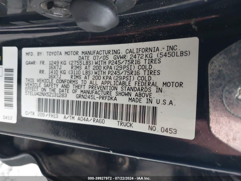 2005 Toyota Tacoma Base V6 VIN: 5TELU42NX5Z131283 Lot: 39927972