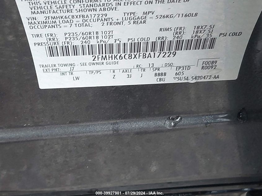 2015 Ford Flex Sel VIN: 2FMHK6C8XFBA17229 Lot: 39927981