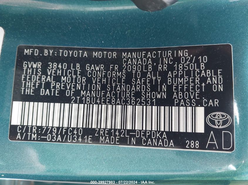 2010 Toyota Corolla Le VIN: 2T1BU4EE8AC362531 Lot: 39927983
