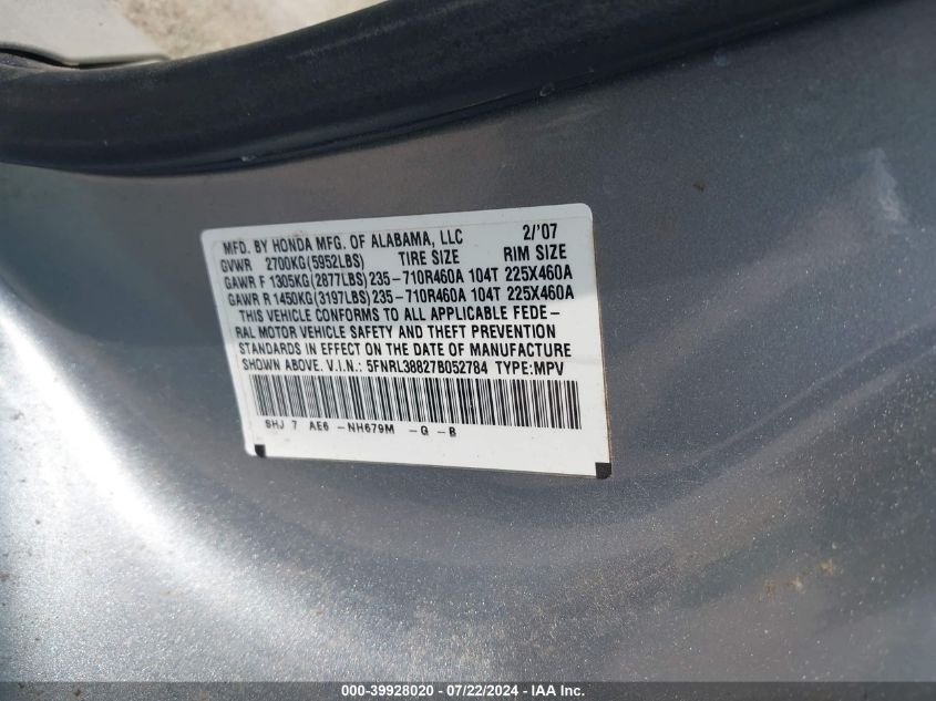 2007 Honda Odyssey Touring VIN: 5FNRL38827B052784 Lot: 39928020