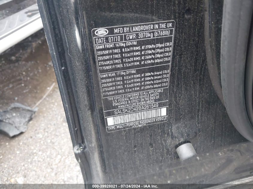 2011 Land Rover Range Rover Sport Lux VIN: SALSK2D42BA261549 Lot: 39928021