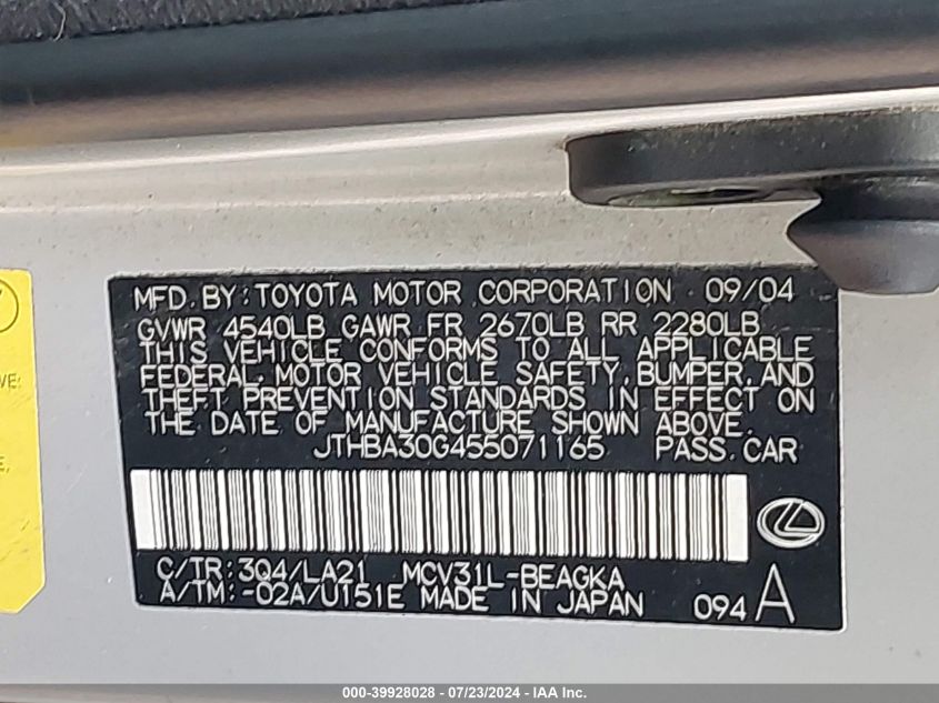 2005 Lexus Es 330 VIN: JTHBA30G455071165 Lot: 39928028