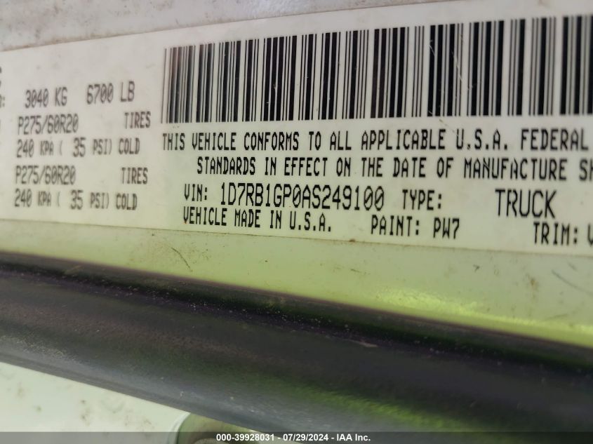 2010 Dodge Ram 1500 Slt/Sport/Trx VIN: 1D7RB1GP0AS249100 Lot: 39928031