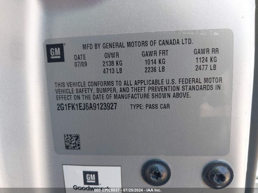 2010 Chevrolet Camaro 2Ss VIN: 2G1FK1EJ6A9123927 Lot: 39928037